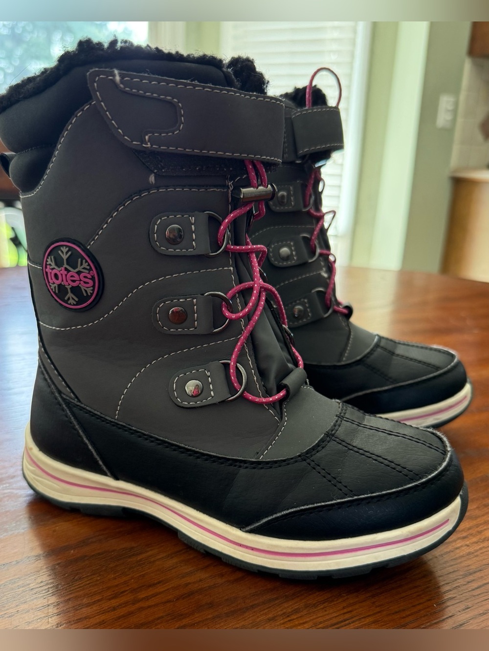 Totes Gray & Black Waterproof Boots with Pink Accents